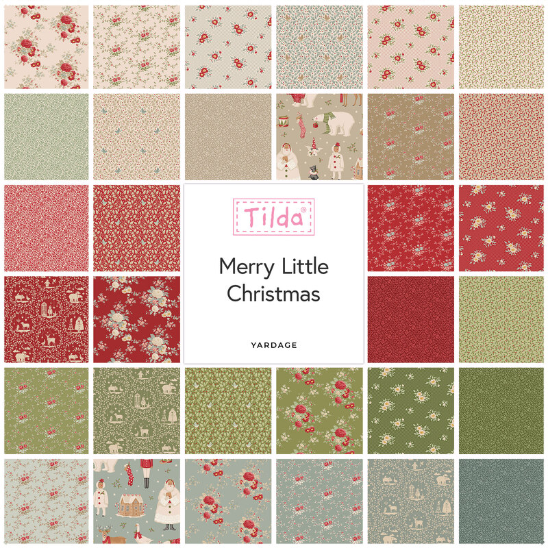 A collage of fabric patterns in Christmas-themed designs and colors, labeled Merry Little Christmas.