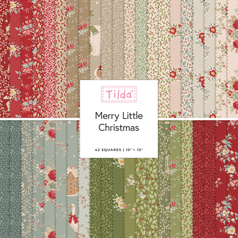 A collection of 42 fabric squares in festive patterns and colors for Merry Little Christmas by Tilda.