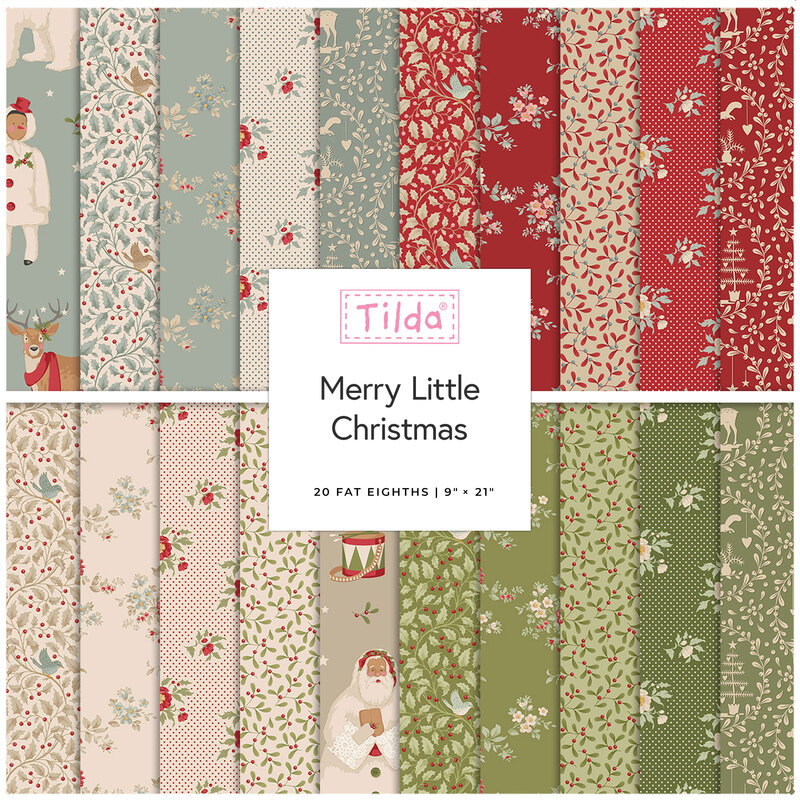A collection of Christmas-themed fabric patterns in red, green, and blue, featuring snowmen, reindeer, and holly.
