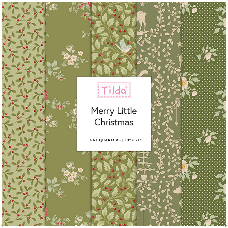 A collection of five green and cream fabric designs themed for Christmas, labeled Merry Little Christmas.