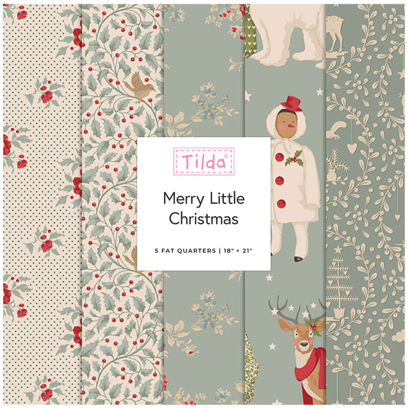 Fabric bundle titled Merry Little Christmas by Tilda, featuring five patterned fat quarters in festive designs.