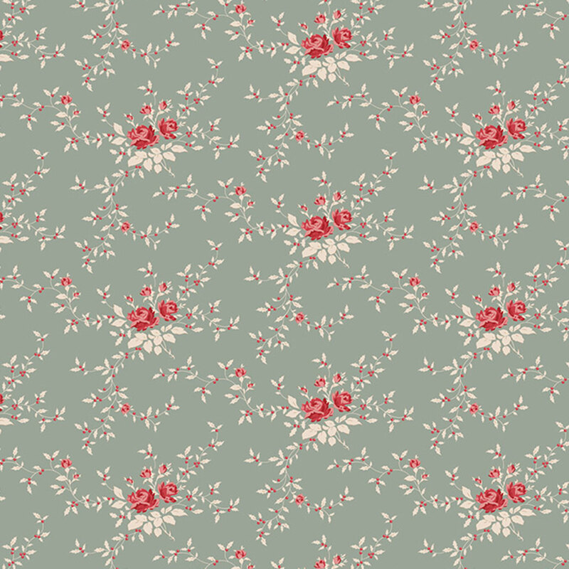 Patterned fabric featuring red roses and small white leaves on a soft green background.