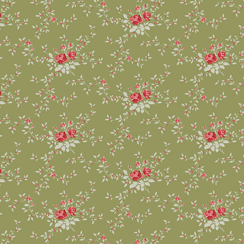 Floral pattern with red roses and green leaves on a light olive fabric.