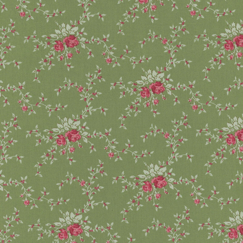 Floral pattern with red roses and green leaves on a light olive fabric.