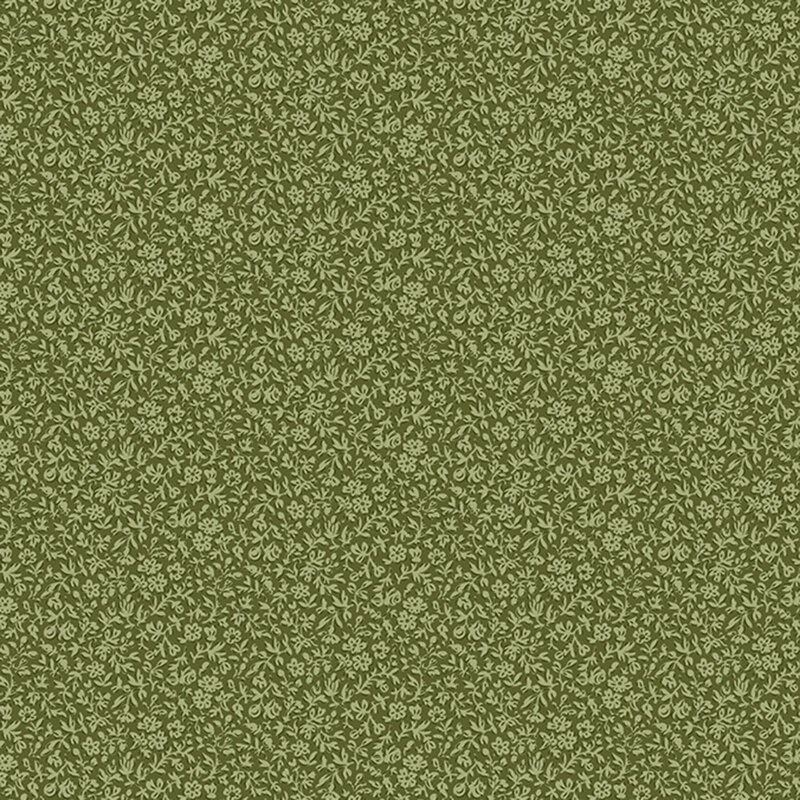 A seamless green fabric pattern featuring small, intricate floral designs.