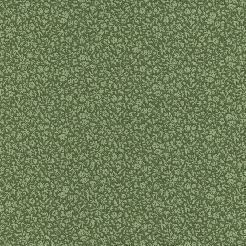 A seamless green fabric pattern featuring small, intricate floral designs.