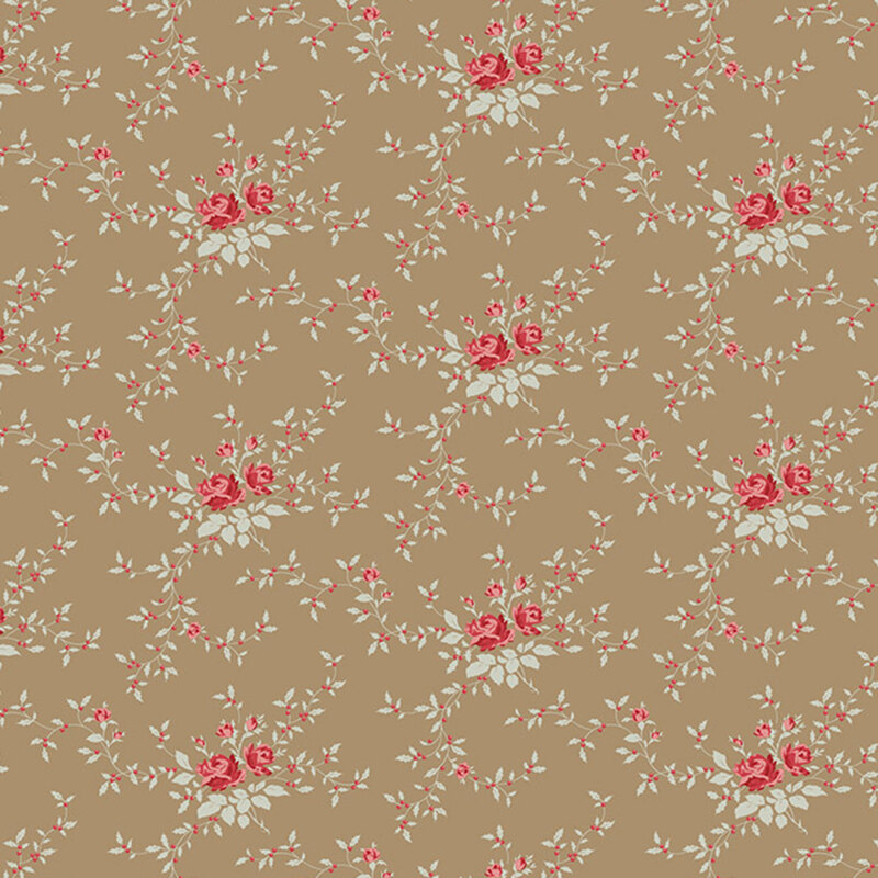 Vintage floral pattern featuring red roses and green leaves on a tan background.