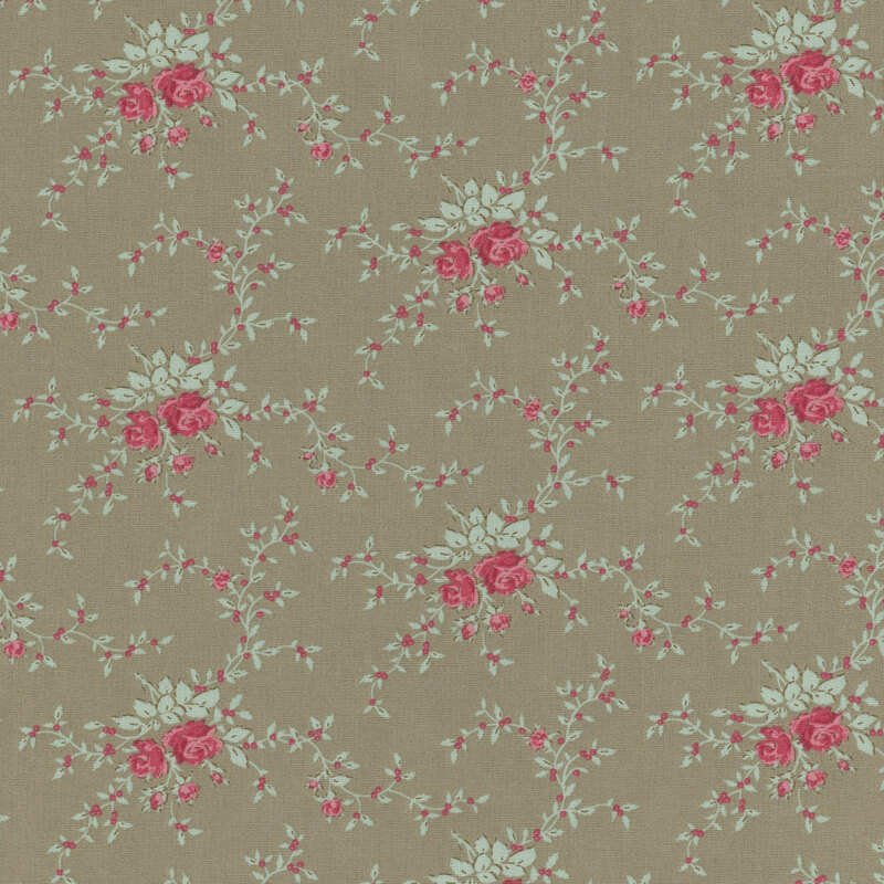 Vintage floral pattern featuring red roses and green leaves on a tan background.