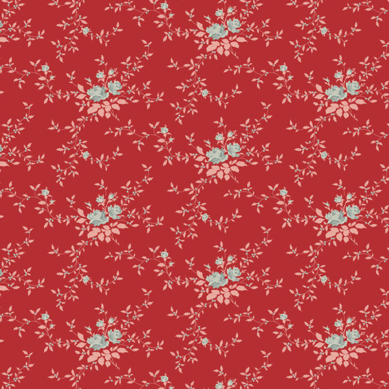 Repeating floral pattern featuring light blue flowers and green leaves on a red fabric.