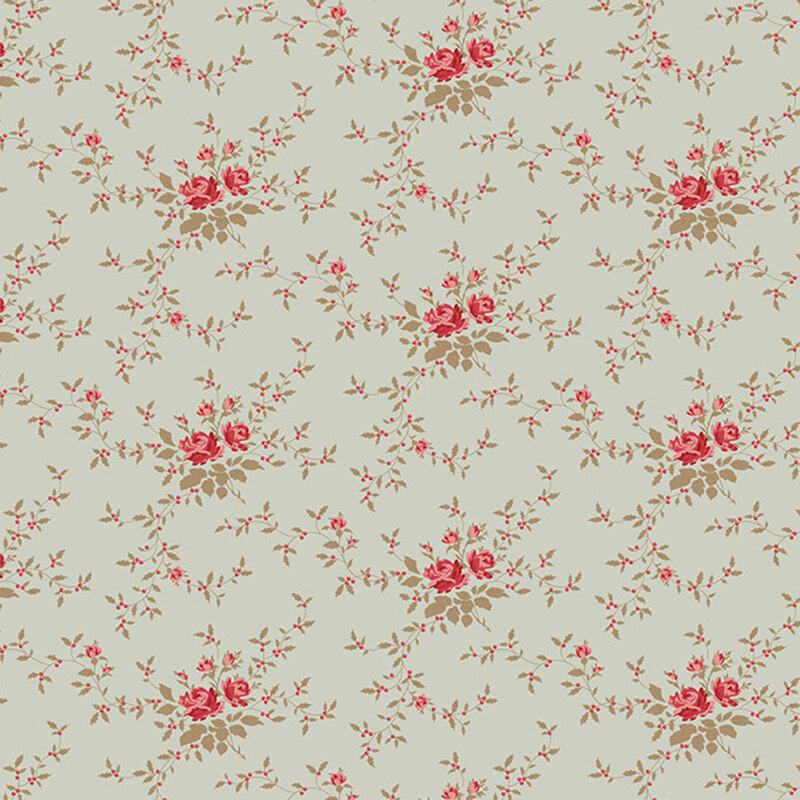 Repeating floral pattern featuring red roses and small buds on a light green fabric.