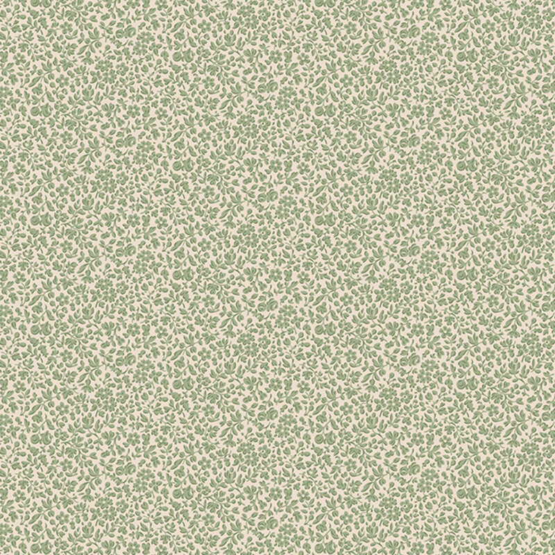 A green and beige patterned fabric with small leaf-like shapes.