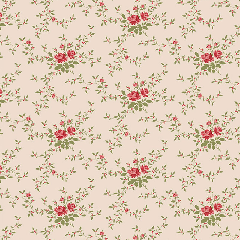 Repeating floral pattern featuring small red roses and green leaves on a light beige fabric.