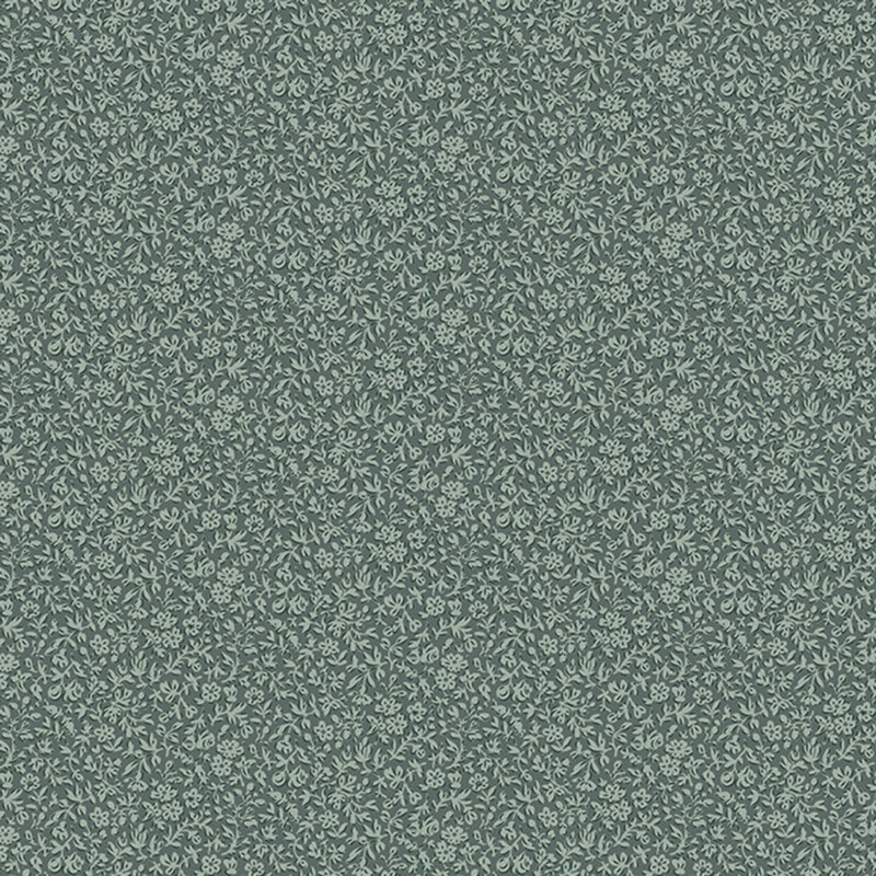 Seamless floral pattern with small white flowers and leaves on a teal fabric.
