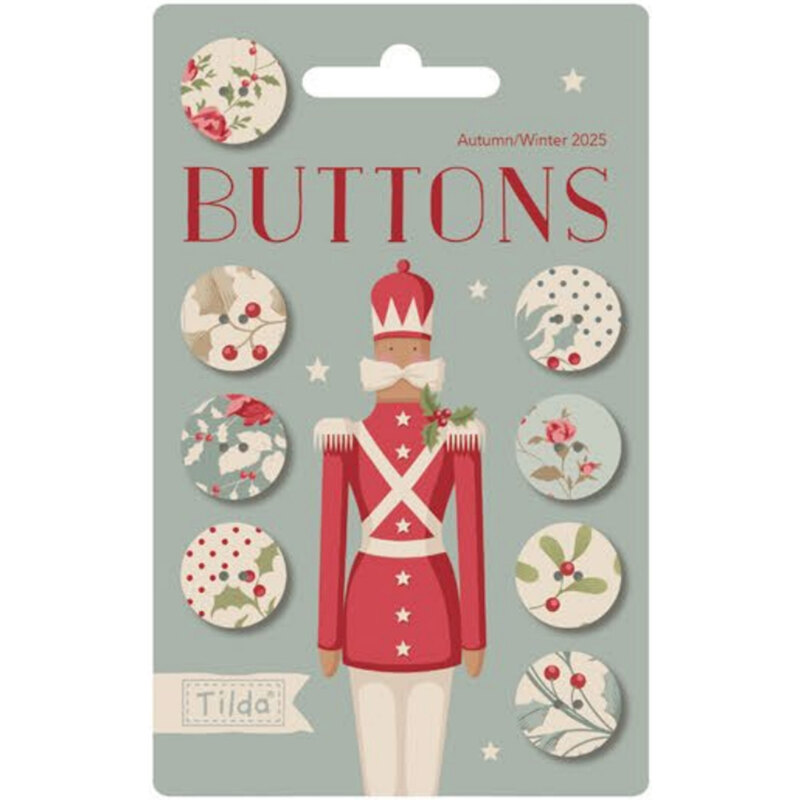 Button card featuring a toy soldier design with eight decorative buttons showcasing floral and patterned designs.