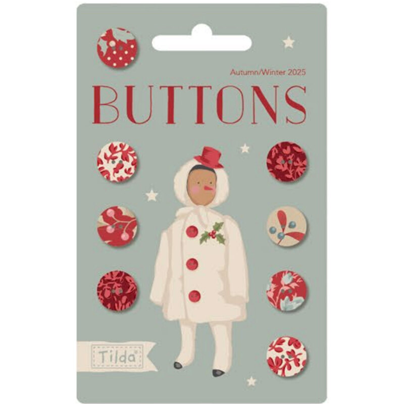 A card featuring buttons in various designs and colors, with a figure in a white coat as the centerpiece.