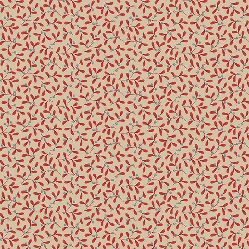 Fabric pattern featuring small red leaves on a light beige background.