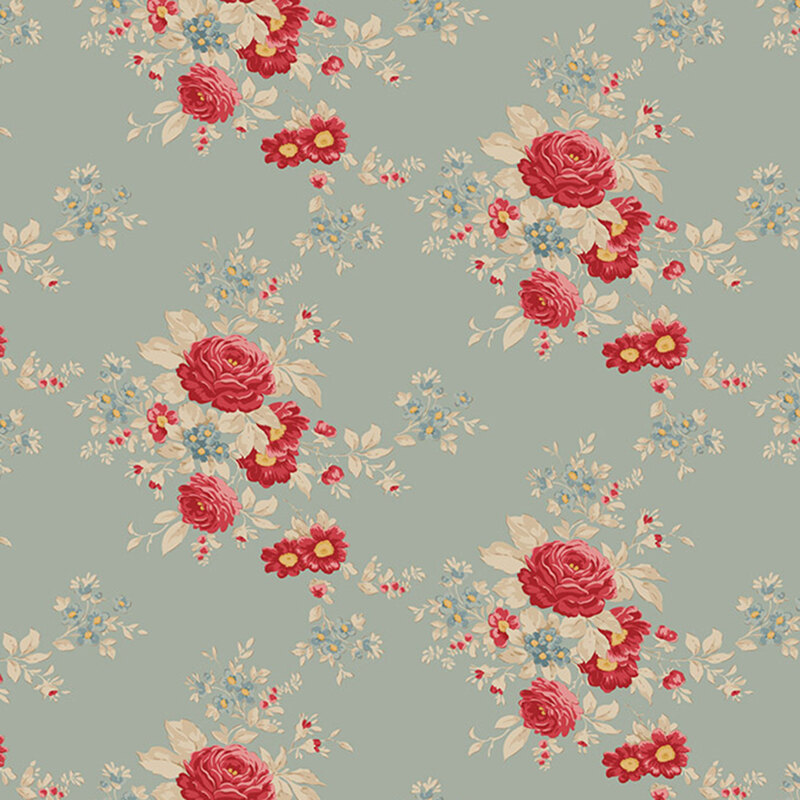 Floral pattern with red roses and small flowers on a muted green fabric.