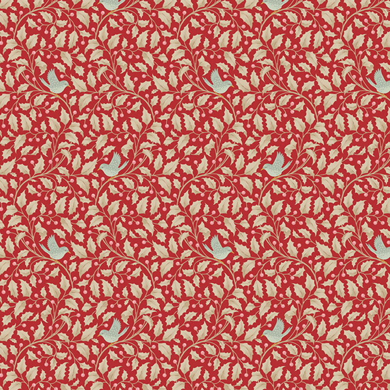 Fabric pattern featuring red foliage and light blue birds on a cream background.
