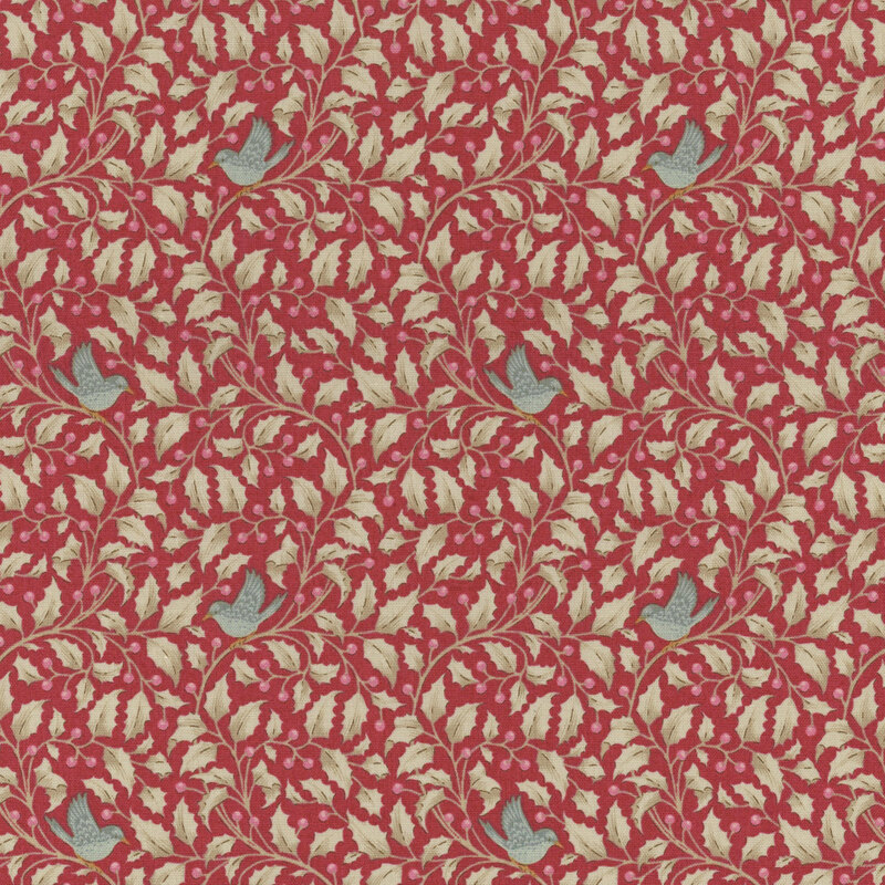 Fabric pattern featuring red foliage and light blue birds on a cream background.
