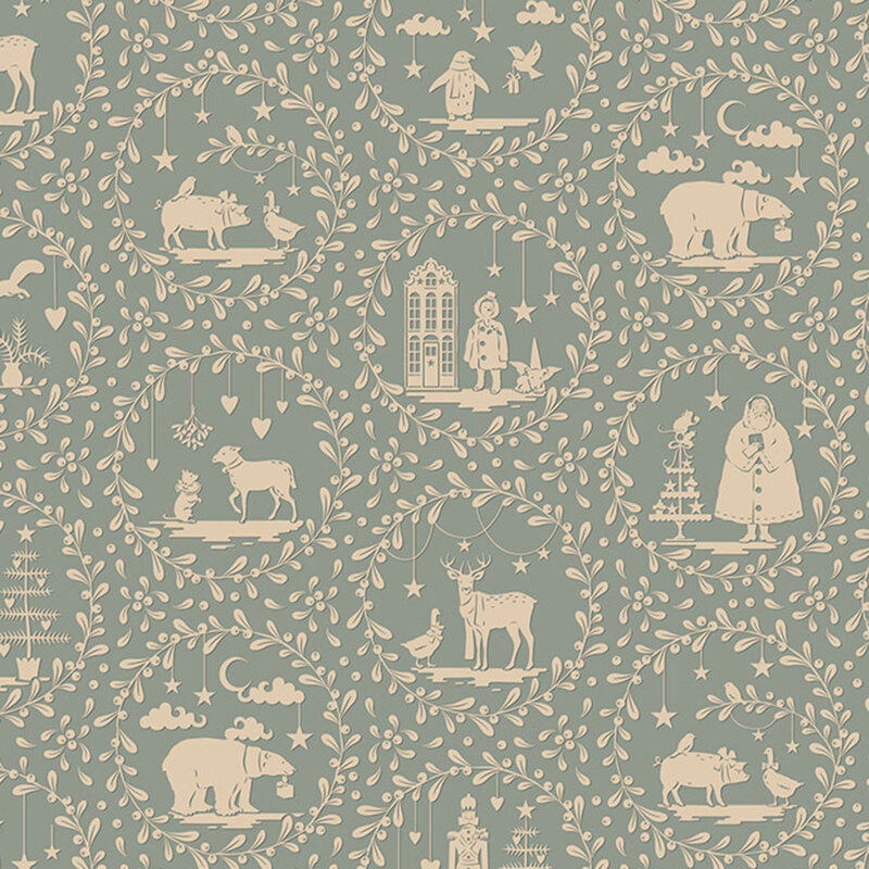 Fabric pattern featuring circular illustrations of animals, trees, and people surrounded by leaf designs.
