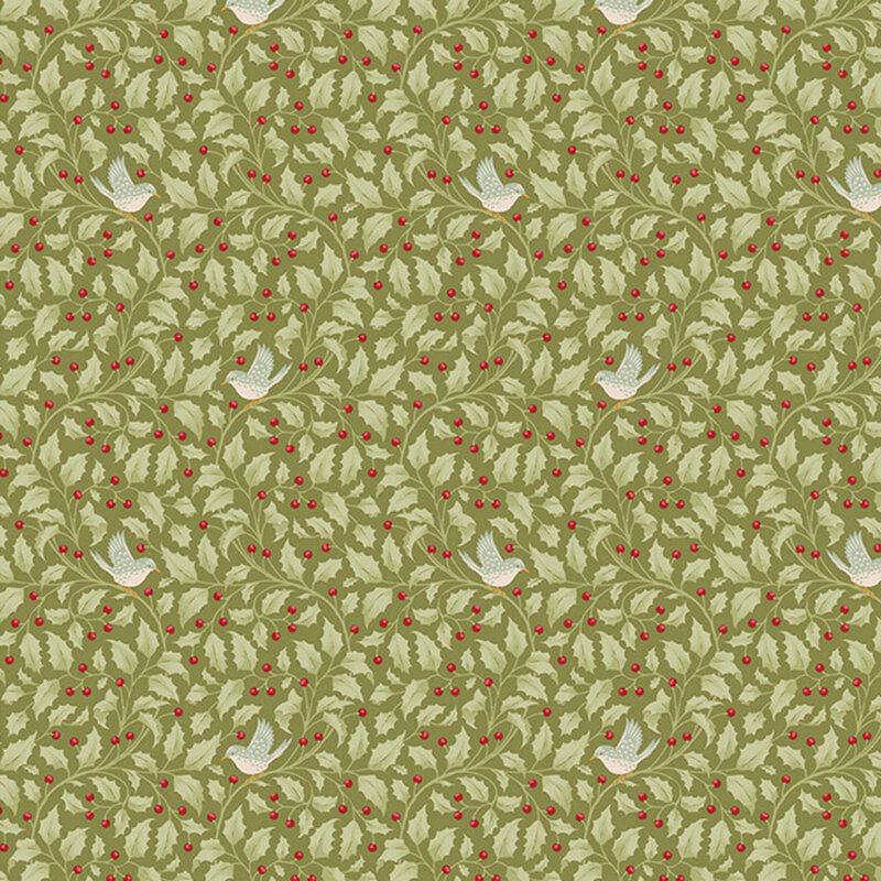Fabric pattern of green leaves and red berries with small birds, creating a floral design.
