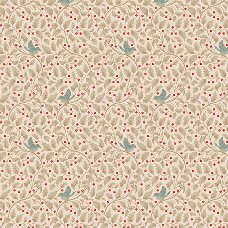Repeating pattern of leaves, red berries, and small blue birds on a light beige fabric.