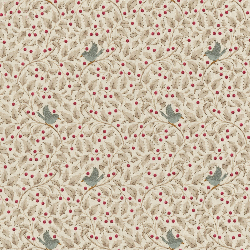 Repeating pattern of leaves, red berries, and small blue birds on a light beige fabric.