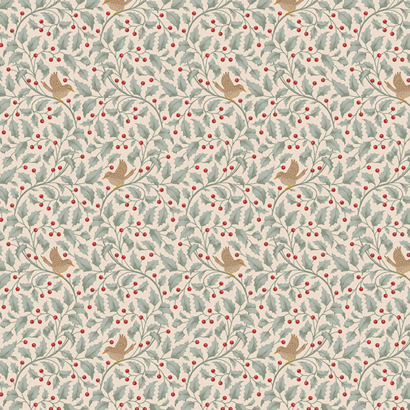 A repeating fabric pattern of brown birds among green leaves and red berries on a light background.