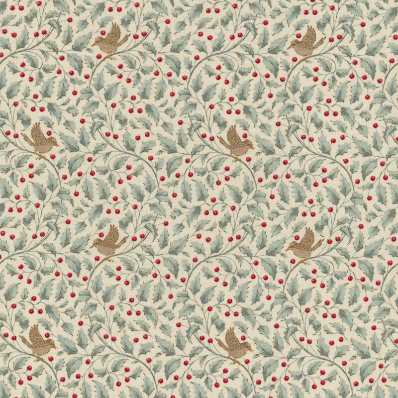 A repeating fabric pattern of brown birds among green leaves and red berries on a light background.
