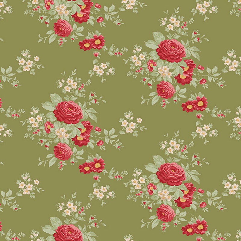 Floral pattern featuring roses and small flowers in red and cream on a soft green fabric.
