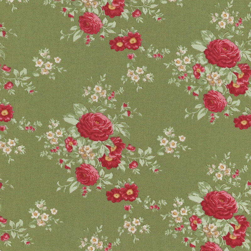 Floral pattern featuring roses and small flowers in red and cream on a soft green fabric.