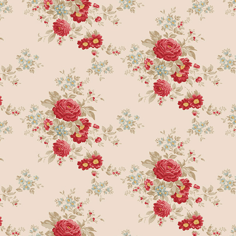 Floral fabric pattern featuring red roses and small blue and yellow flowers on a cream background.
