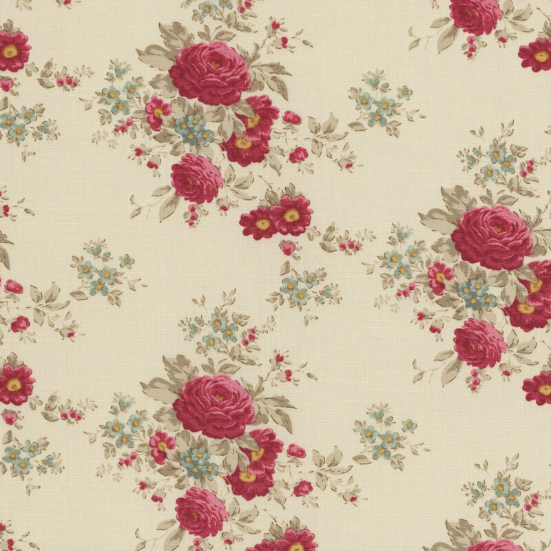 Floral fabric pattern featuring red roses and small blue and yellow flowers on a cream background.