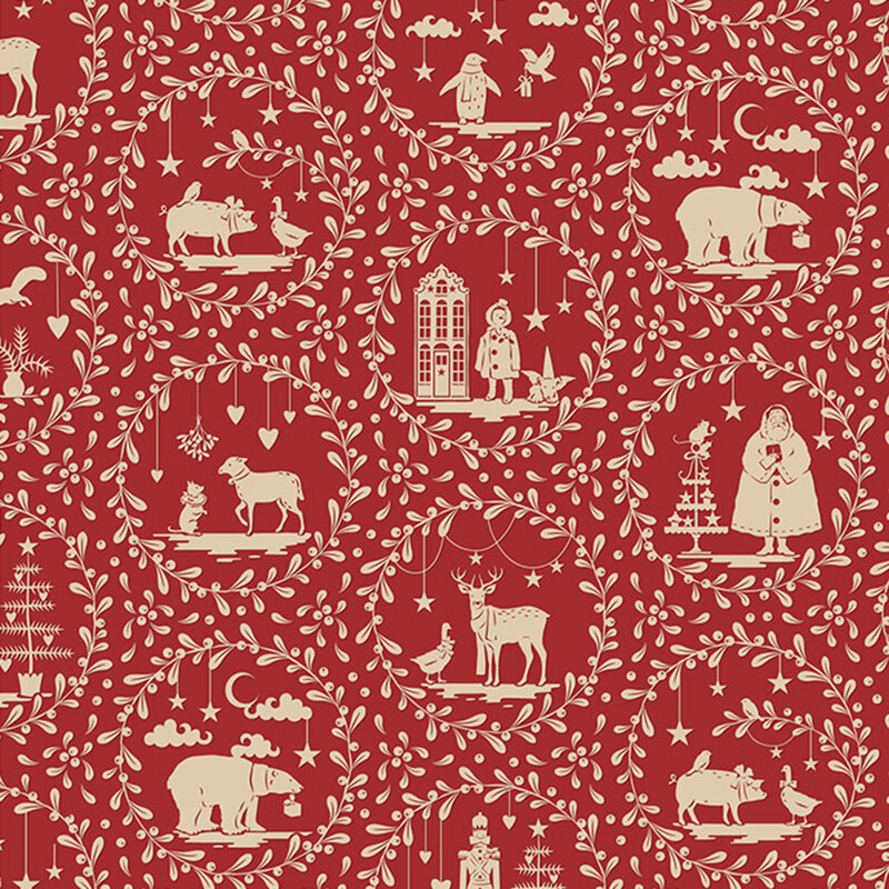 Red patterned fabric featuring whimsical illustrations of animals, people, and trees within circular frames.