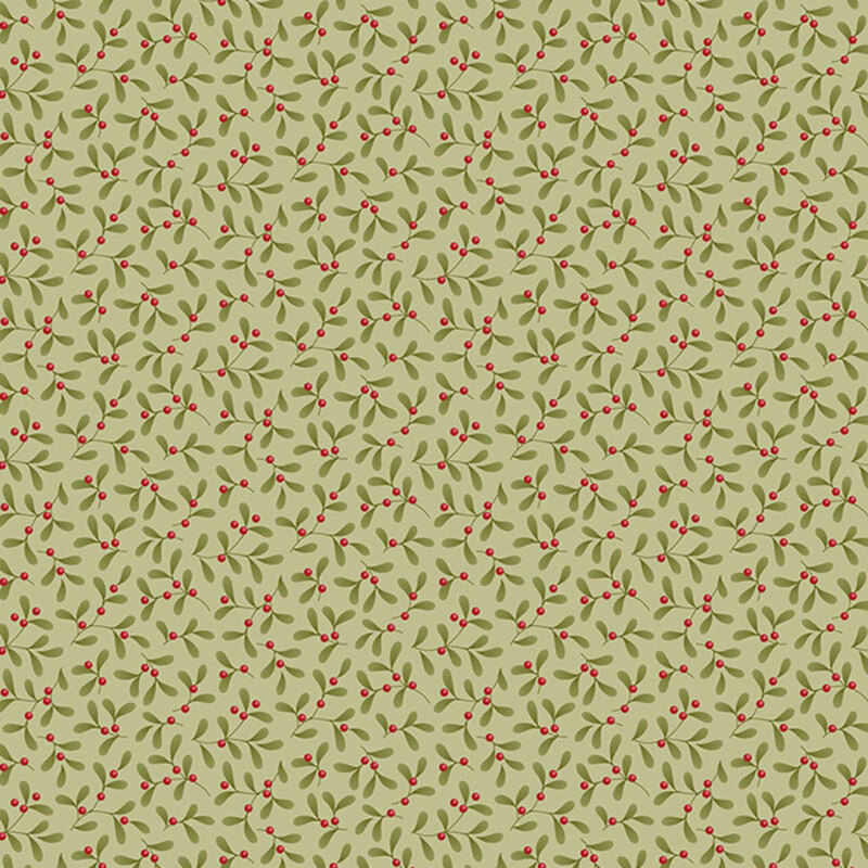 A repeating pattern of green leaves and red berries on a light green fabric.