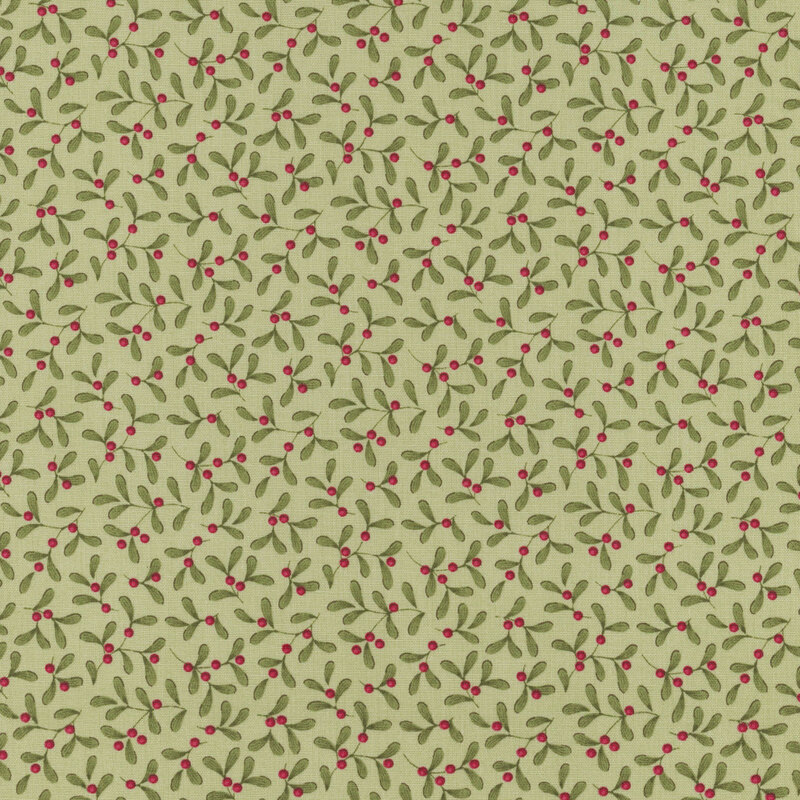 A repeating pattern of green leaves and red berries on a light green fabric.