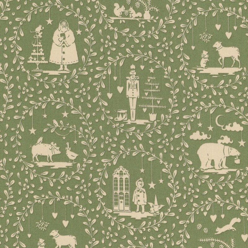 A fabric featuring cream illustrations of animals, people, and trees within circular frames on a green background.