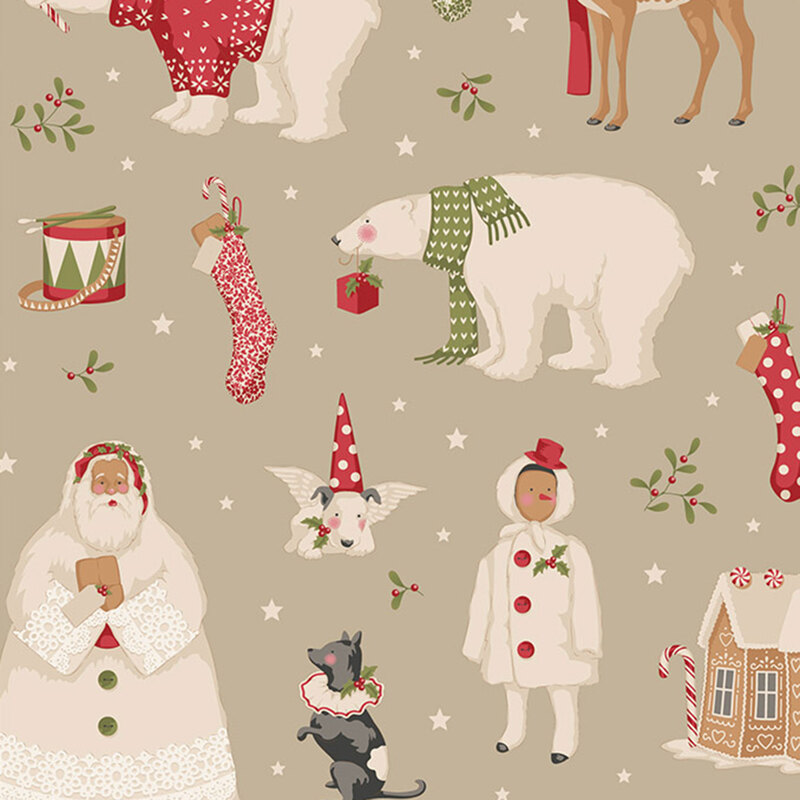 Pattern featuring festive characters: Santa, a polar bear, reindeer, and a child in winter attire, with decorations.