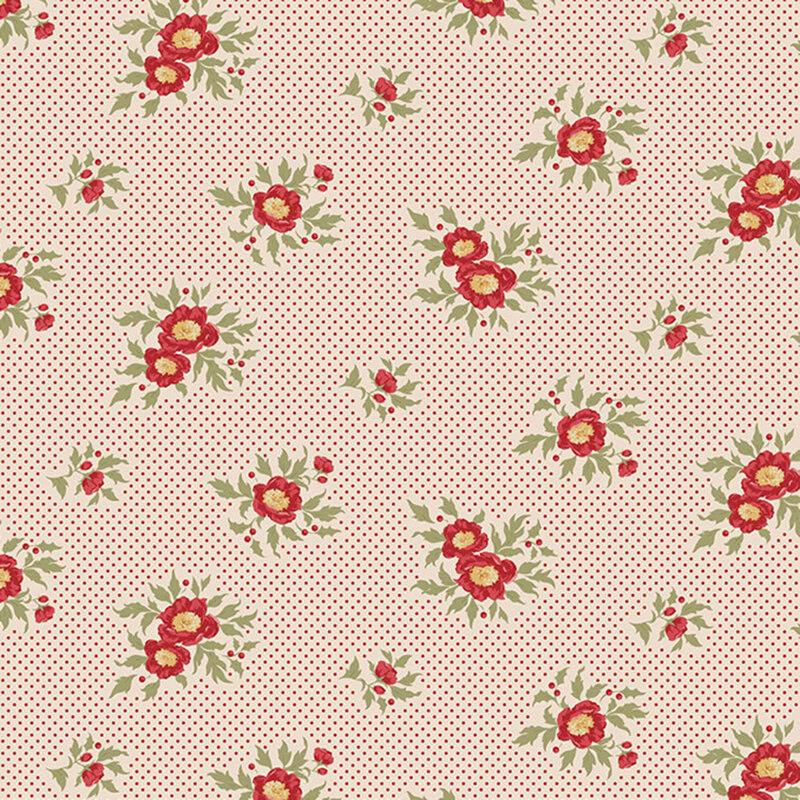 A repeated floral pattern featuring red flowers and green leaves on a light pink polka dot fabric.
