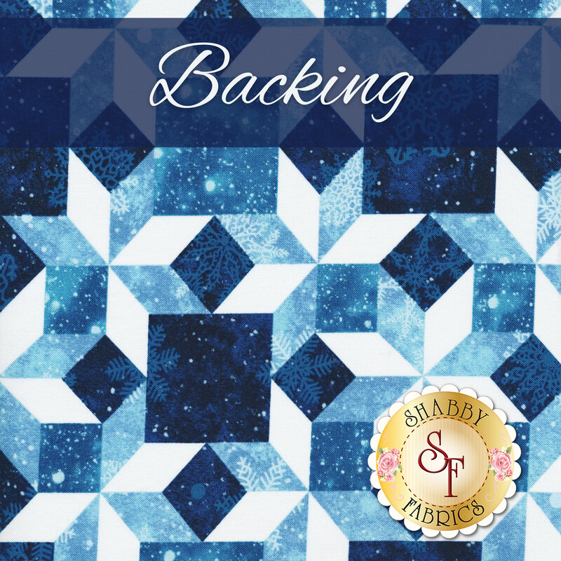 Tonal blue fabric with geometric design and small snowflakes labeled as backing. A golden Shabby Fabrics logo sits in the lower right corner.