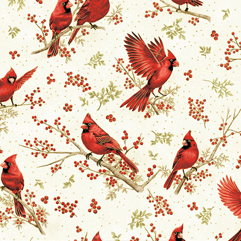 Cream fabric featuring cardinals flying and perched on branches with red berries and gold metallic accents.