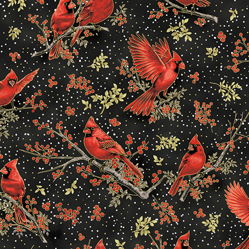 Black fabric featuring cardinals flying and perched on branches with red berries and gold metallic accents.