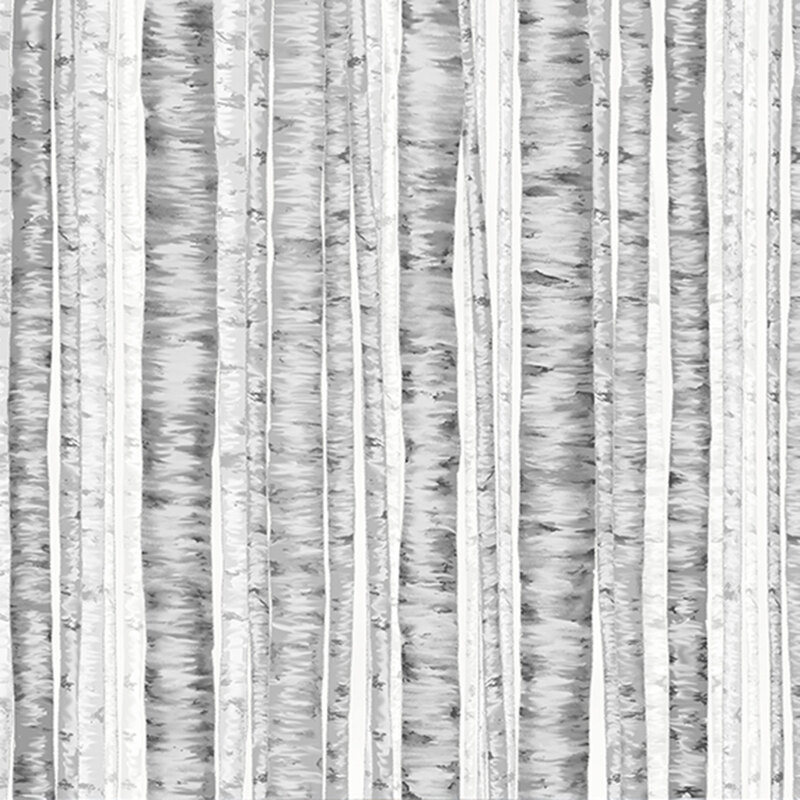 Light gray fabric featuring a forest of birch trees with silver metallic accents.