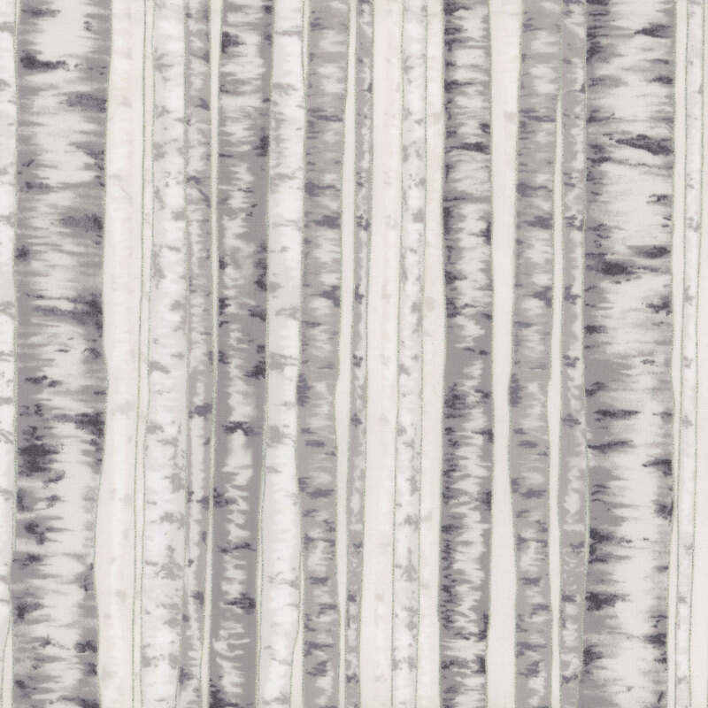 Light gray fabric featuring a forest of birch trees with silver metallic accents.