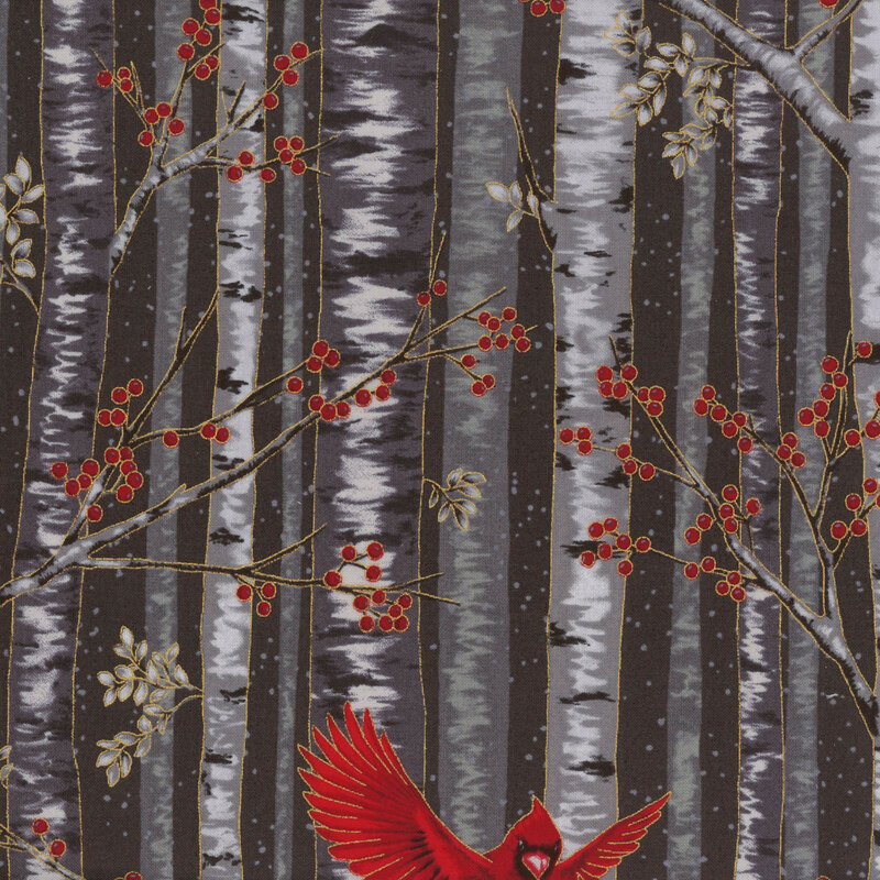 Black fabric featuring cardinals perched on birch trees with red berries and gold metallic accents.