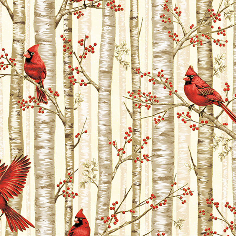 Cream fabric featuring cardinals perched on birch trees with red berries and gold metallic accents.