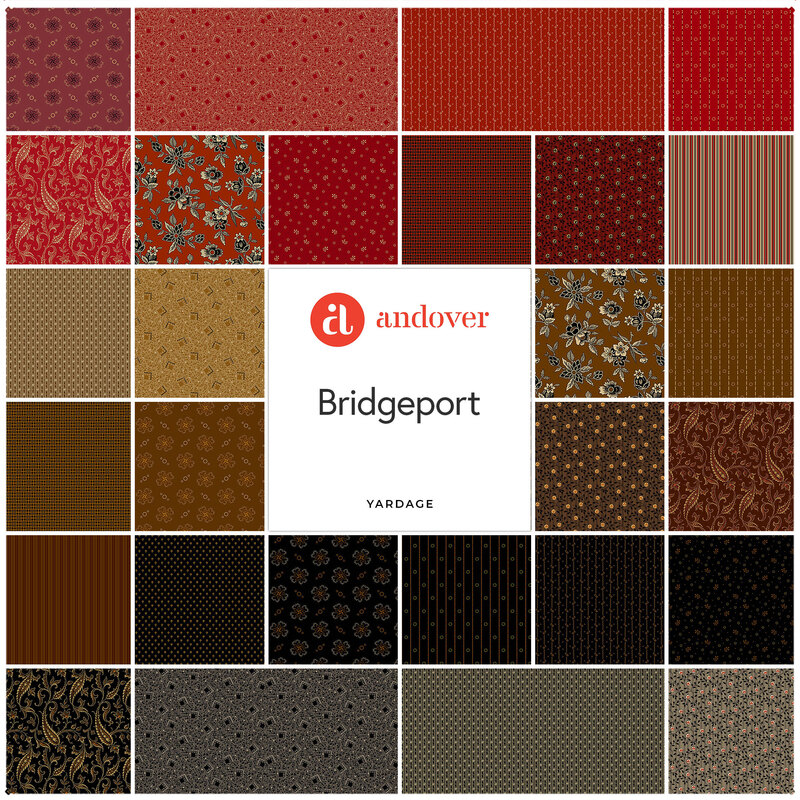 yardage fabric collection of vintage, floral, and paisley designs. with colors of red, brown, and black