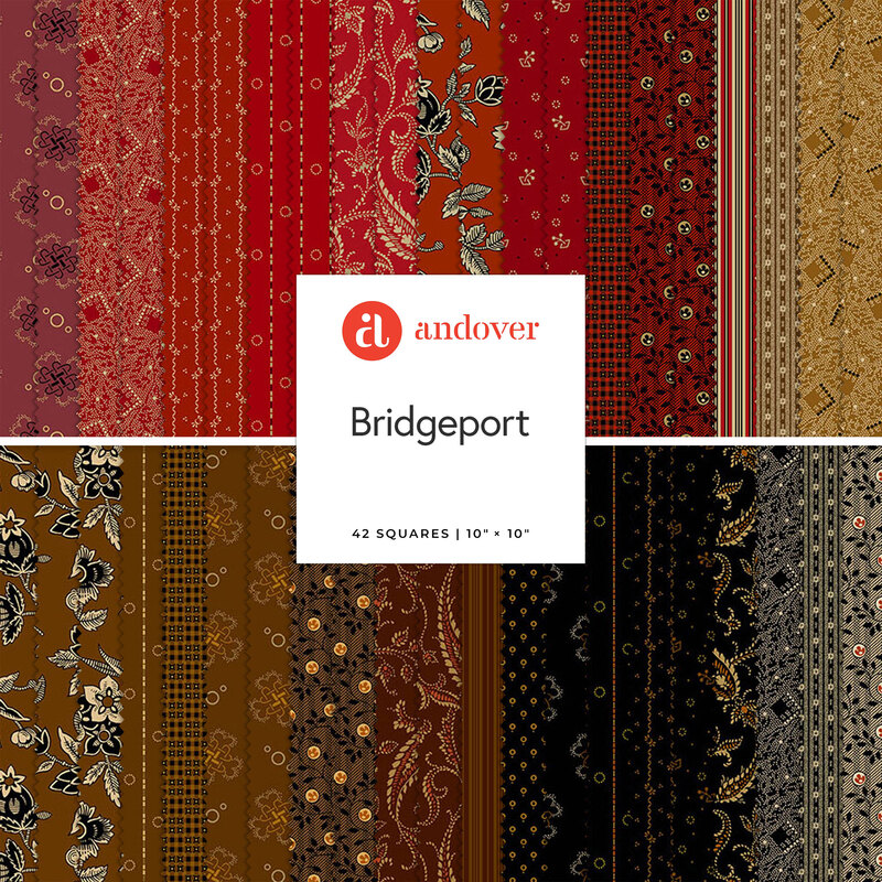 fabric collection of vintage, floral, and paisley designs. with colors of red, brown, and black