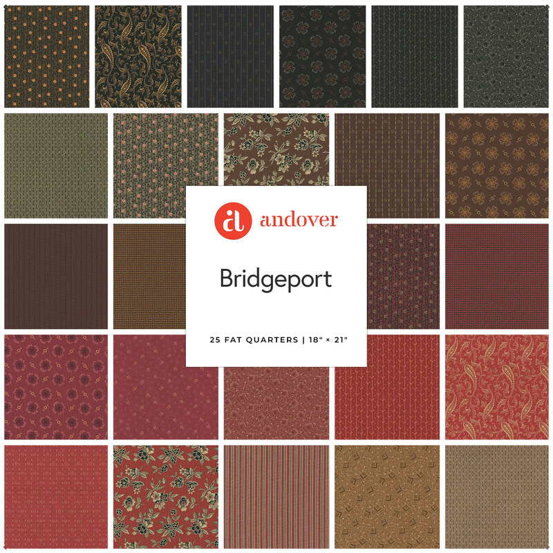fat quarter set fabric collection of vintage, floral, and paisley designs with colors of red, brown, and black.