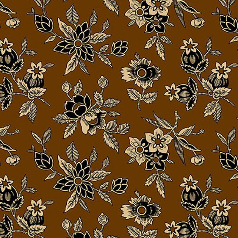 fabric pattern of black and cream flowers on a brown background